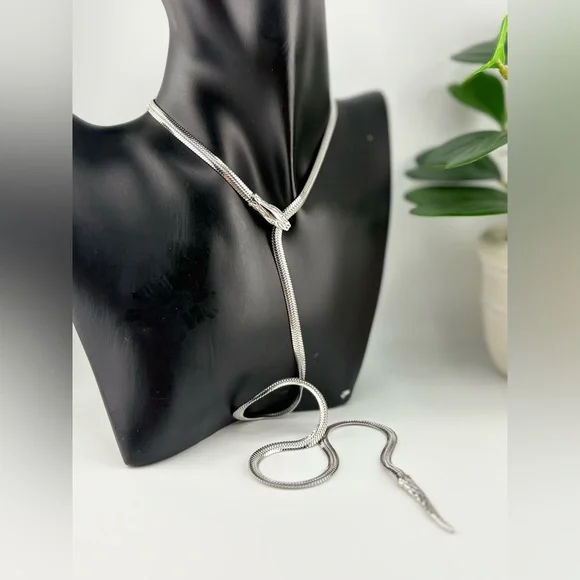 Silver Snake Lariat Necklace – Adjustable Y-Necklace Statement Chain - Picture 9 of 13